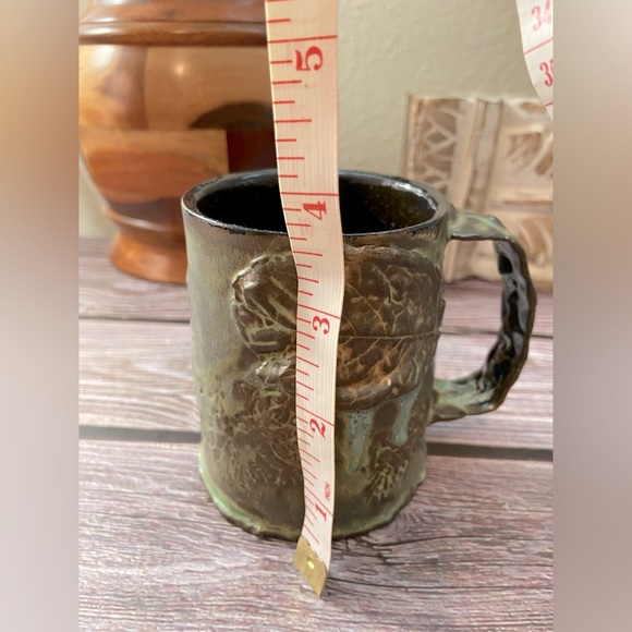 Artisan made Army/ Olive Green Mug w/ primitive texture & leaf application. - Picture 9 of 10